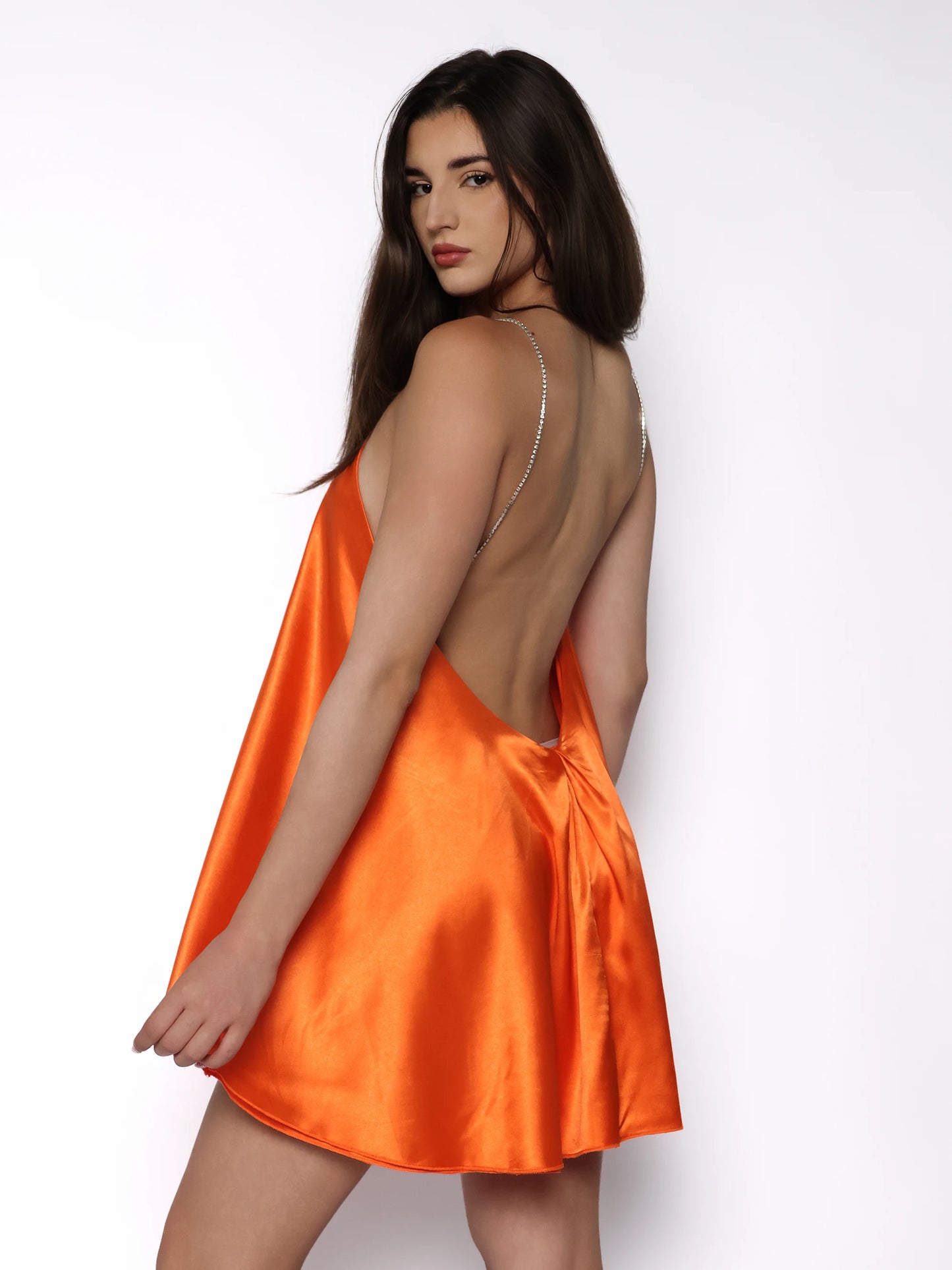 Rochie satinata cu bretele din strasuri, Celine