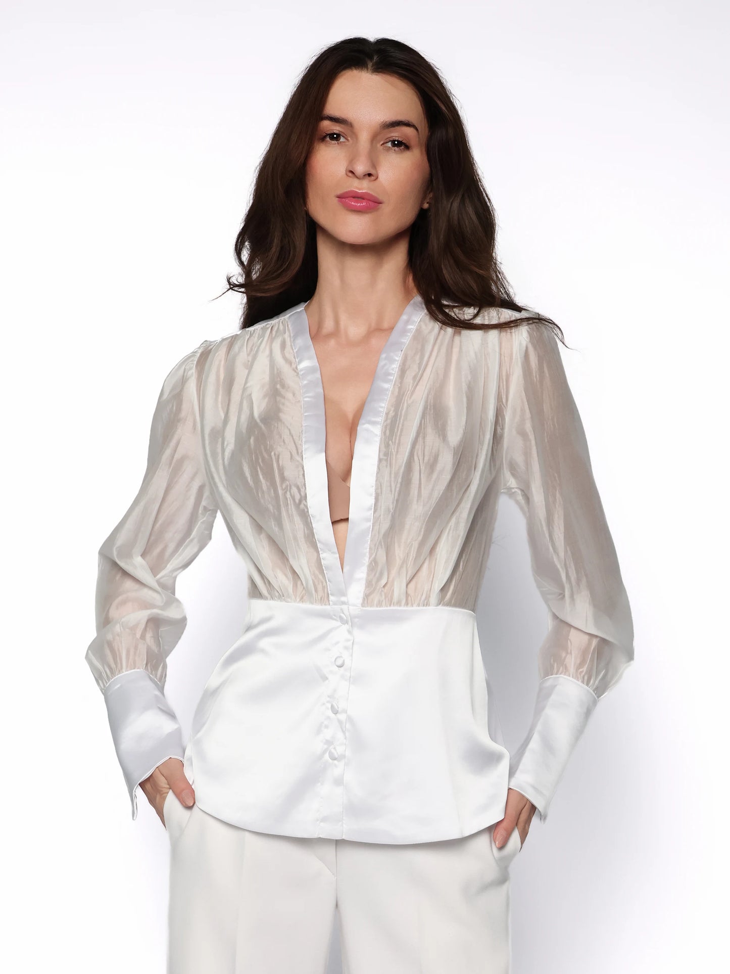 Camasa din voal transparent si satin, Perla