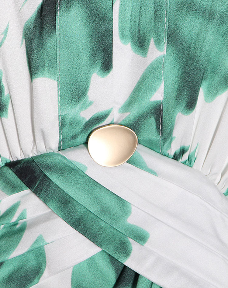 rochie de zi. rochie de eveniment. rochie cu decolteu. rochie verde cu print. rochie satin fin cu maneci bufante